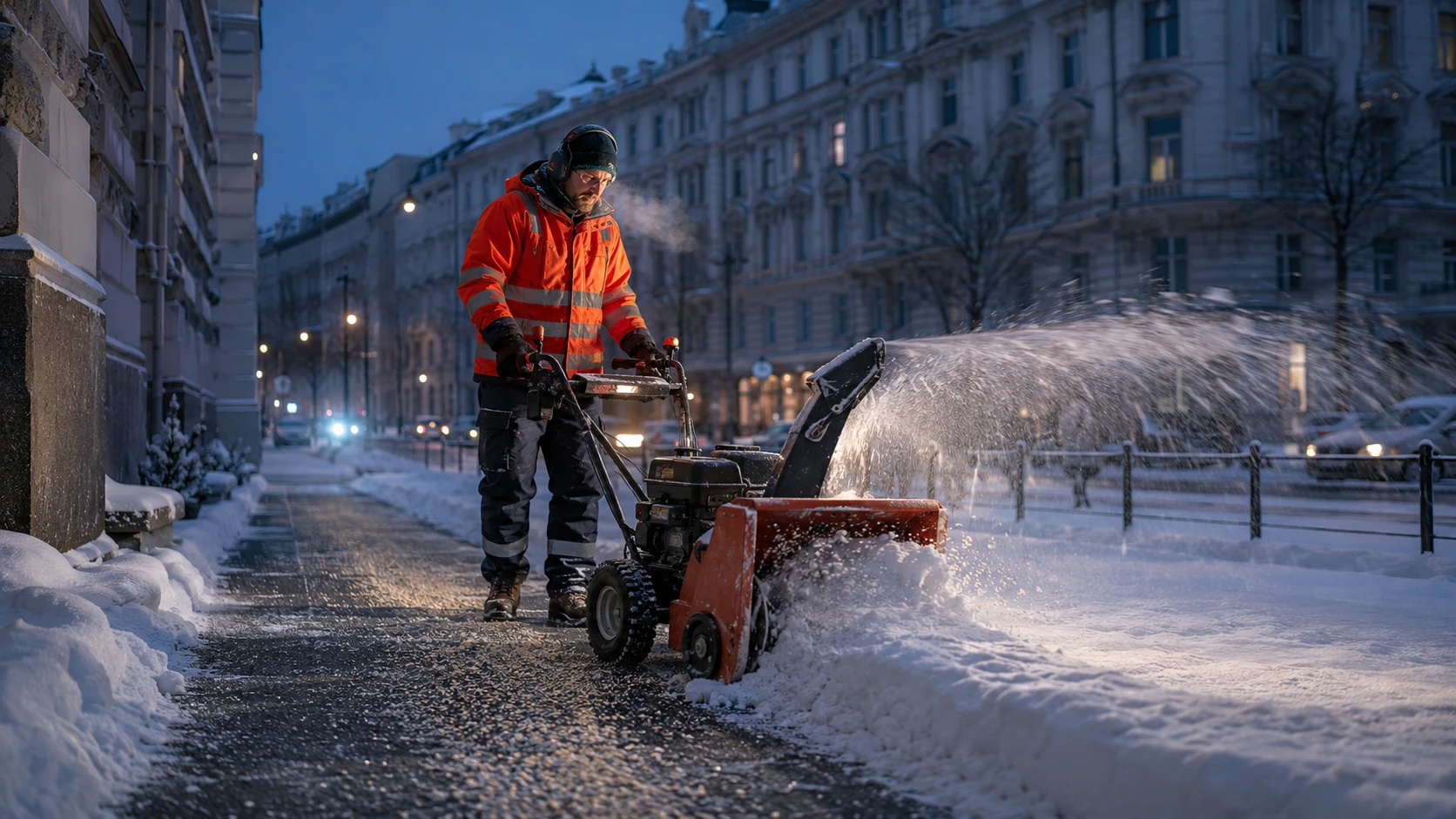 Winterdienst Wien – Schneeräumung Gehsteig vor Wiener Gründerzeithaus
